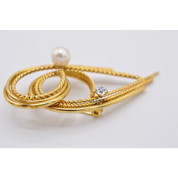 Vintage Pin Brooch Gold Rhinestone White Pearl Abstract 1980s 9B - Picture 9 of 12